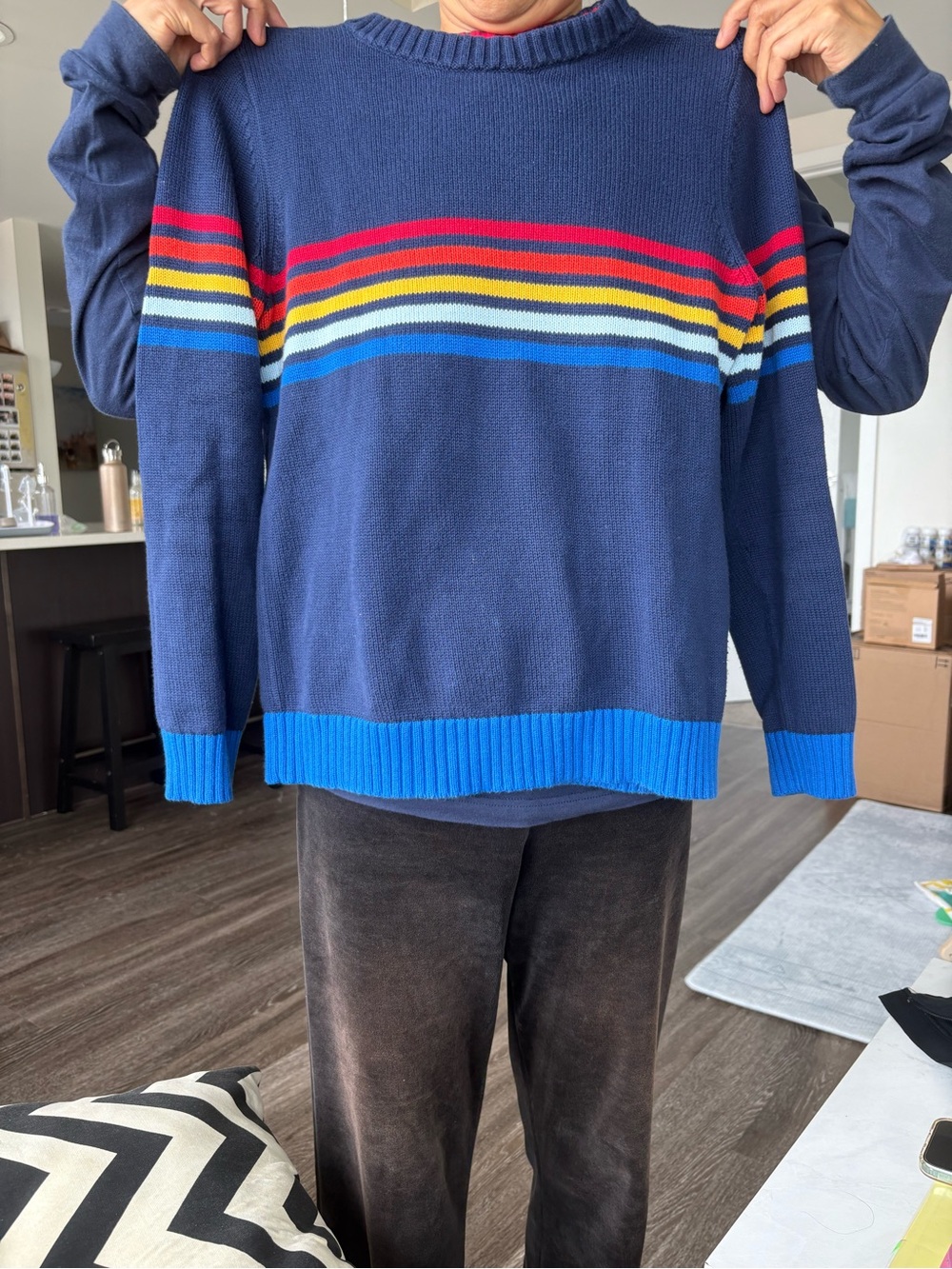 100% Cotton Women’s S Navy Crewneck Sweater with Multicolor Stripes - Unbranded